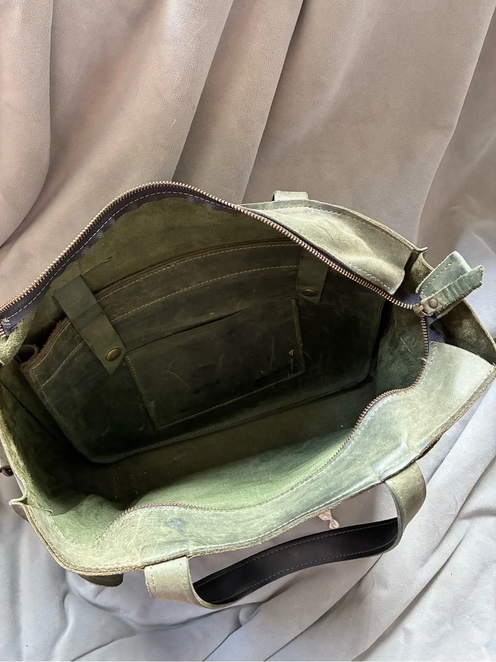 Olive Green Leather Tote with Front Pocket